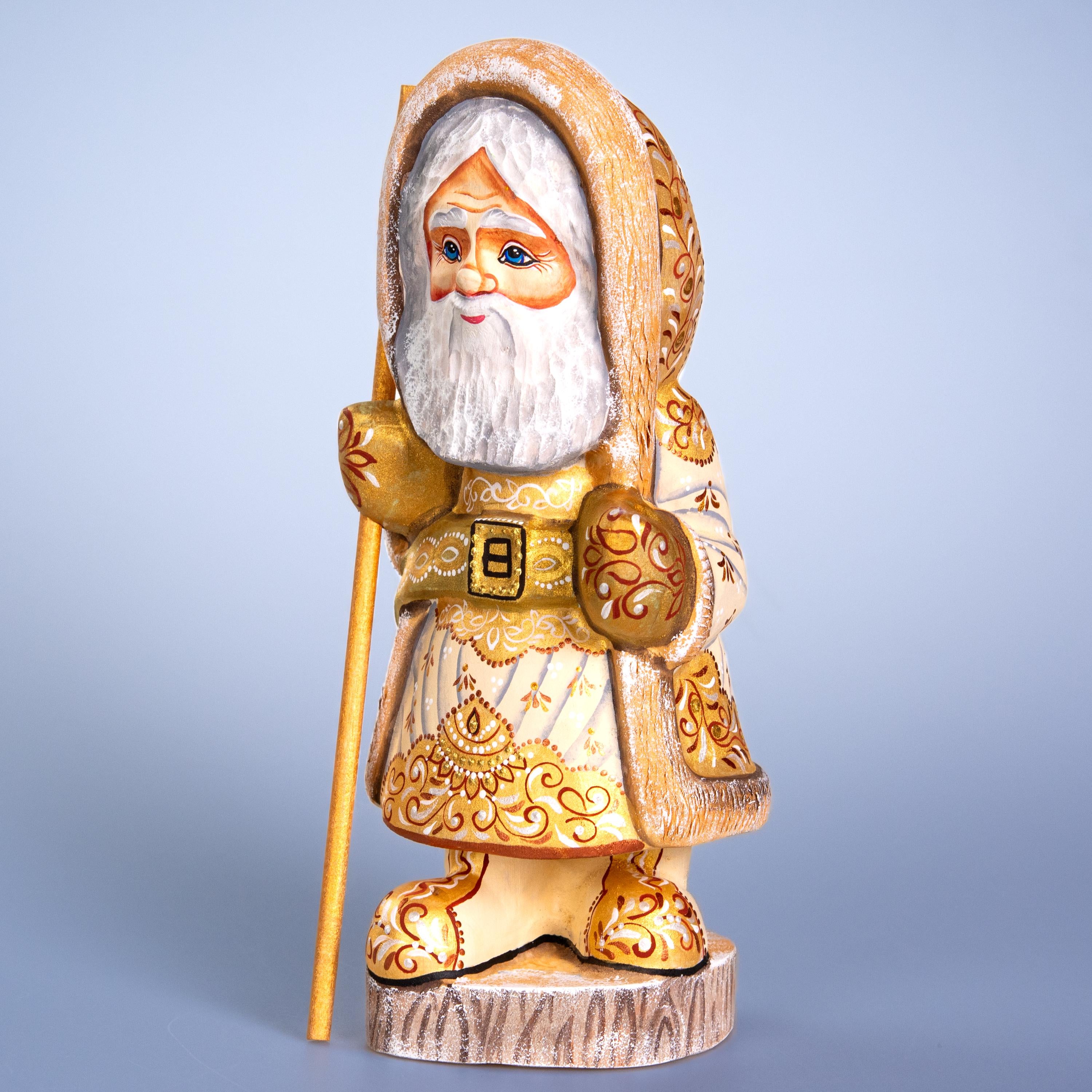 Russian Santa wooden figurine 11 inch, ivory coat, hand painted folk art collectible