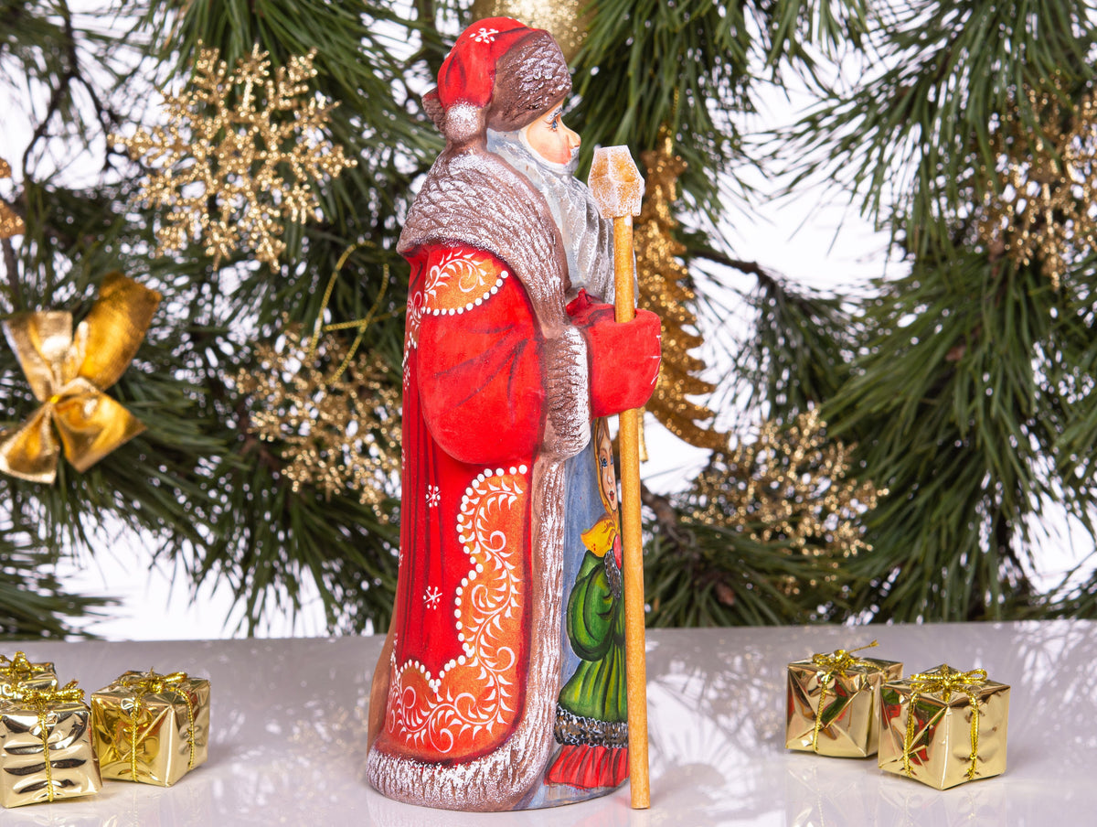 Vintage inspired Russian Santa carving 9.5 inch wooden figure, girl in mittens, Christmas display