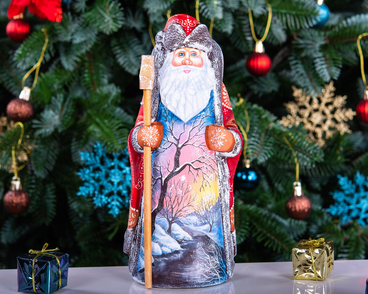 Hand carved wooden Santa figurine 9 inch, sunset winter landscape, mantel display