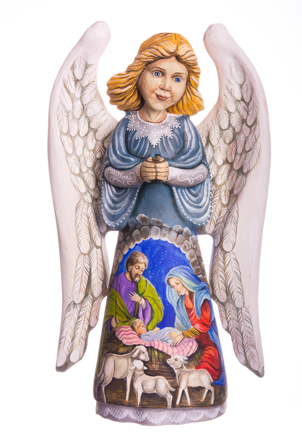 Hand carved angel figurine 12.9 inch, Holy Family Nativity, mantel display