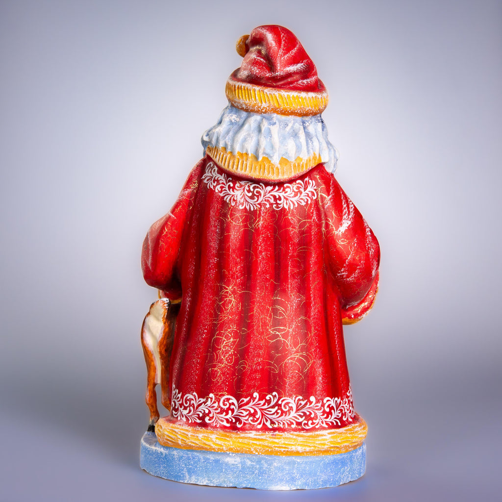 Hand carved Old-World Santa wooden figurine 14 inch, deer fawn apple scene, mantel decor