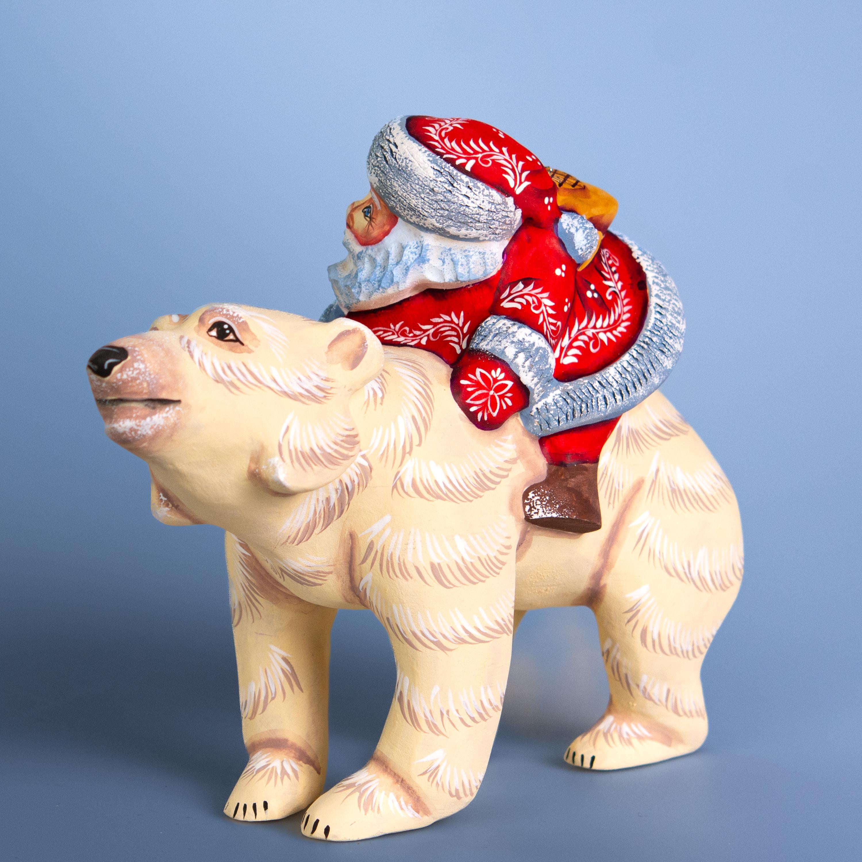 Hand-Carved Wooden Santa Riding Bear Figurine: Christmas Holiday Decor