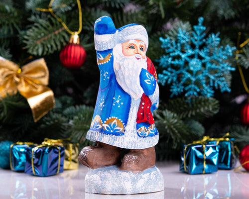 Hand carved blue Santa wooden figurine 6.3 inch, gift sack shelf decor