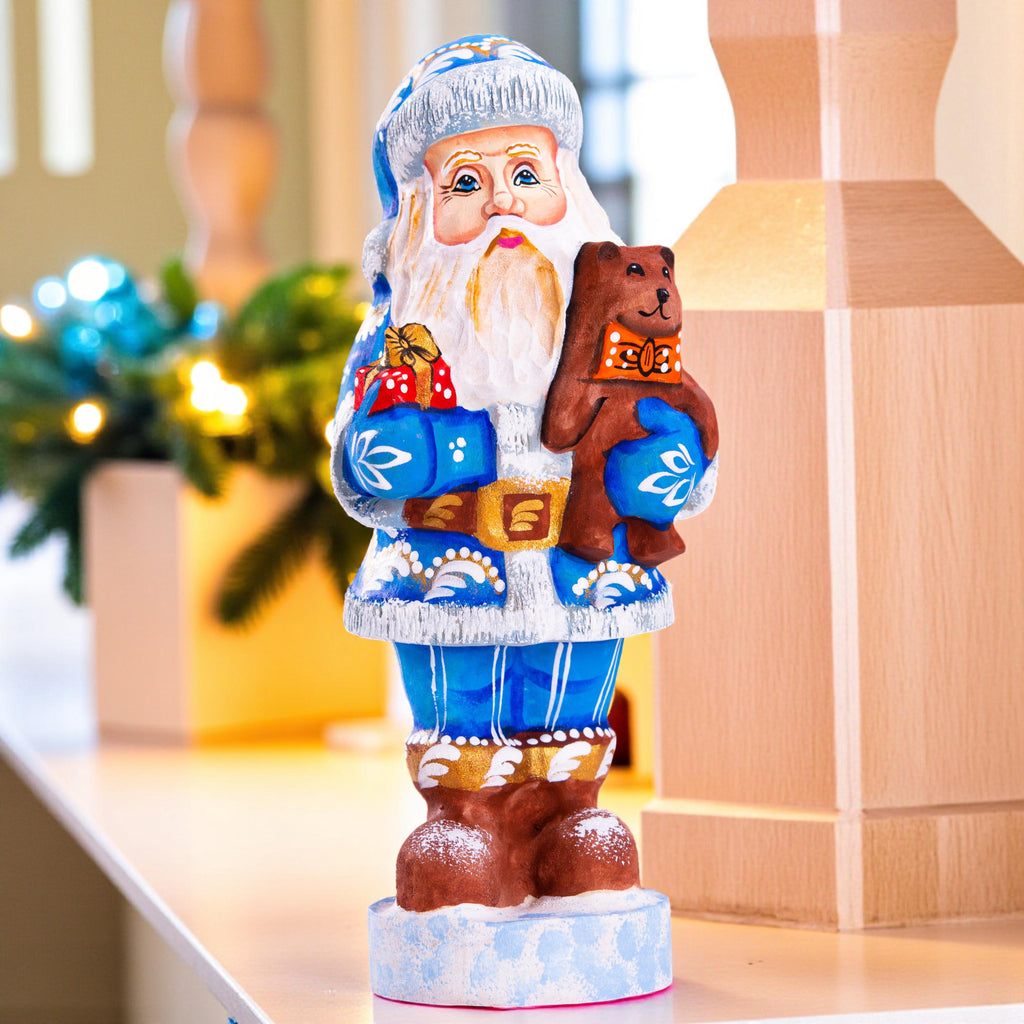Hand carved blue Santa wooden figurine 7 inch, teddy bear gift, holiday mantel decor