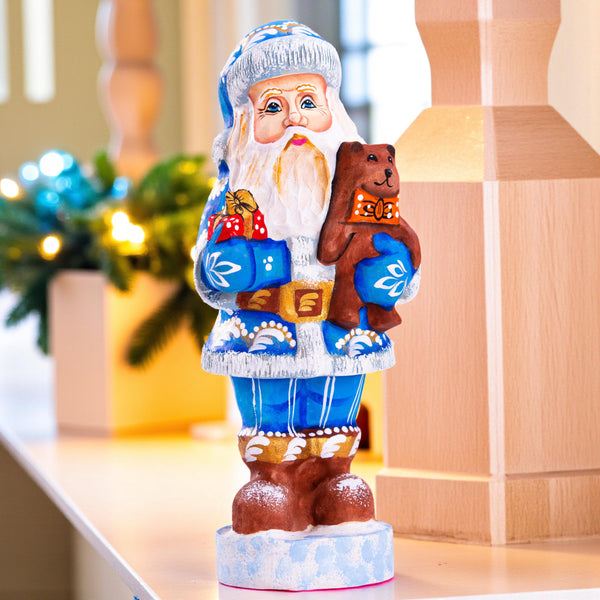 Hand carved blue Santa wooden figurine 7 inch, teddy bear gift, holiday mantel decor