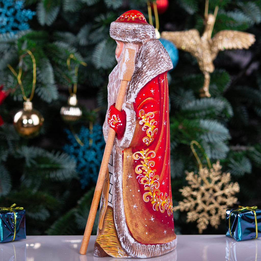 Wooden Santa Figurine 9", Holy Family Creche, Gold Staff