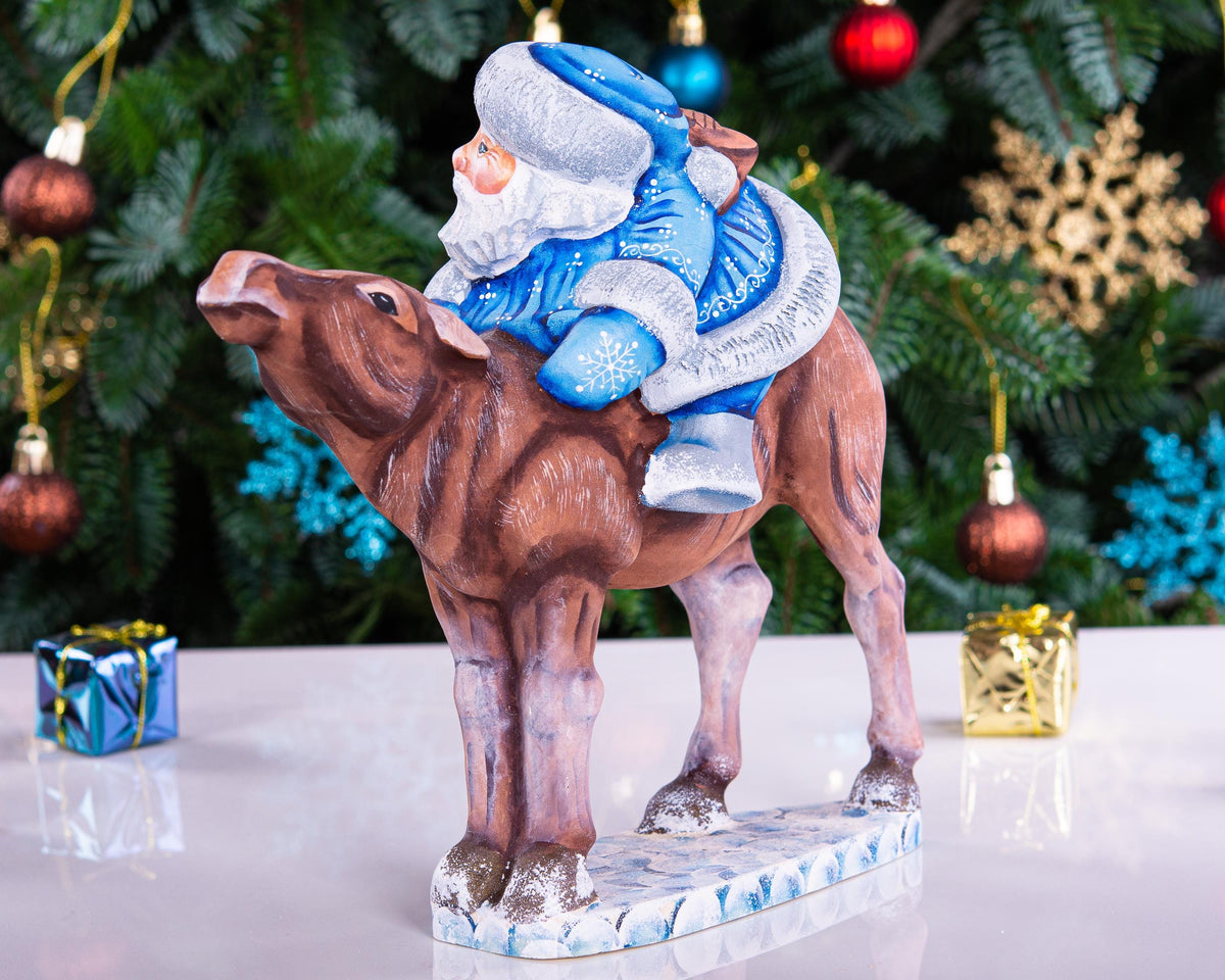 Old World Santa wooden figurine 8 inch, moose ride mantel display