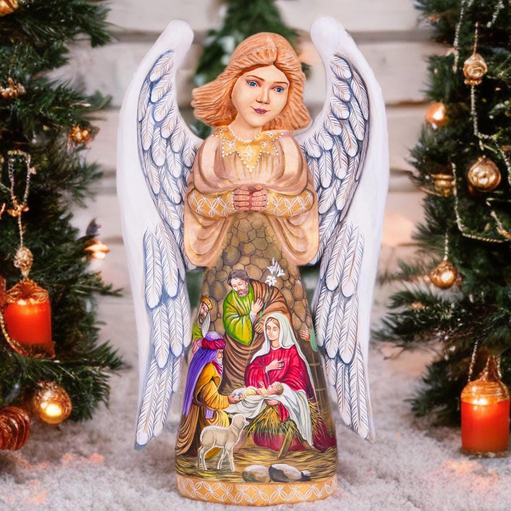 Wooden Angel Statue 12.9", Hand Carved, Nativity Art, Christian Decor