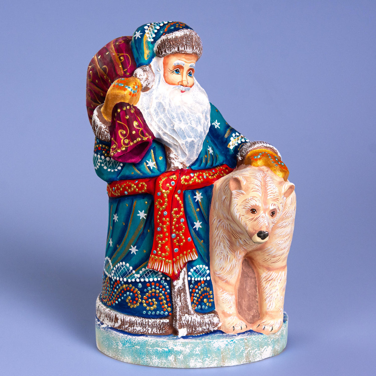 Blue Santa with Polar Bear Cub, 9" Hand Carved Wooden Figurine
