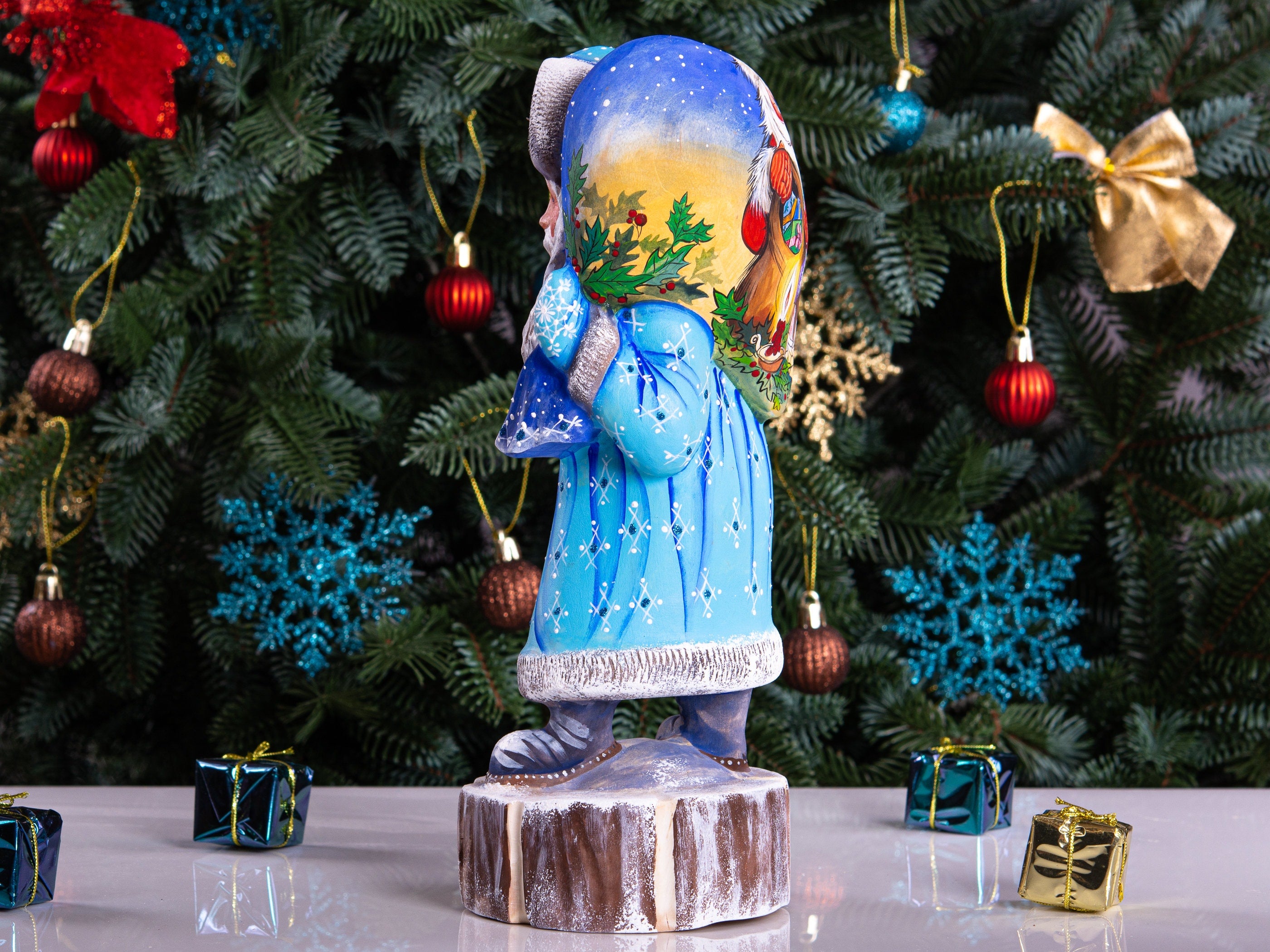 Hand carved Santa wooden statue 11 inch, folk art backpack scene