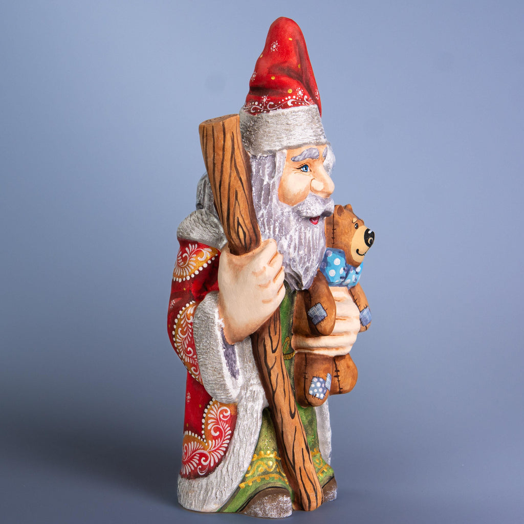 Hand carved wooden Santa figurine 10 inch, teddy bear gift, holiday mantel display