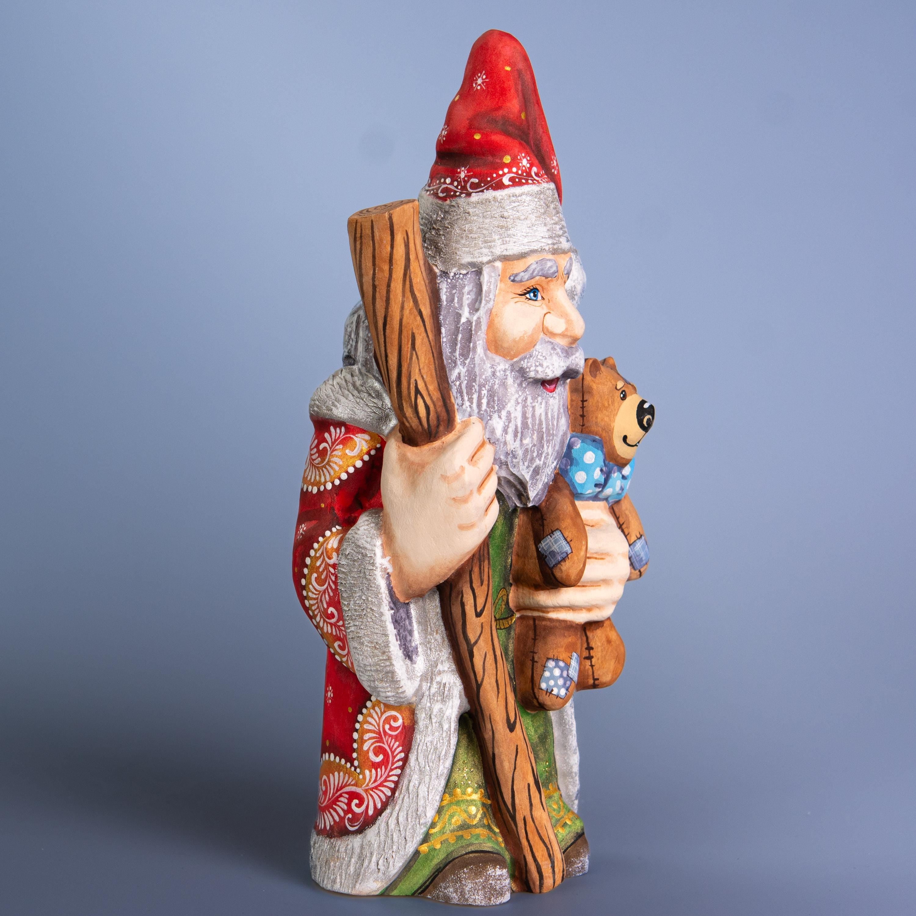 Hand carved wooden Santa figurine 10 inch, teddy bear gift, holiday mantel display