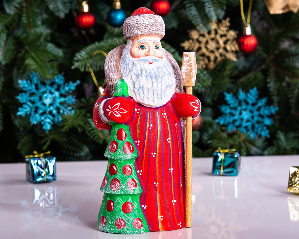 Hand carved wooden Santa figurine 8 inch, holding Christmas tree, holiday shelf decor