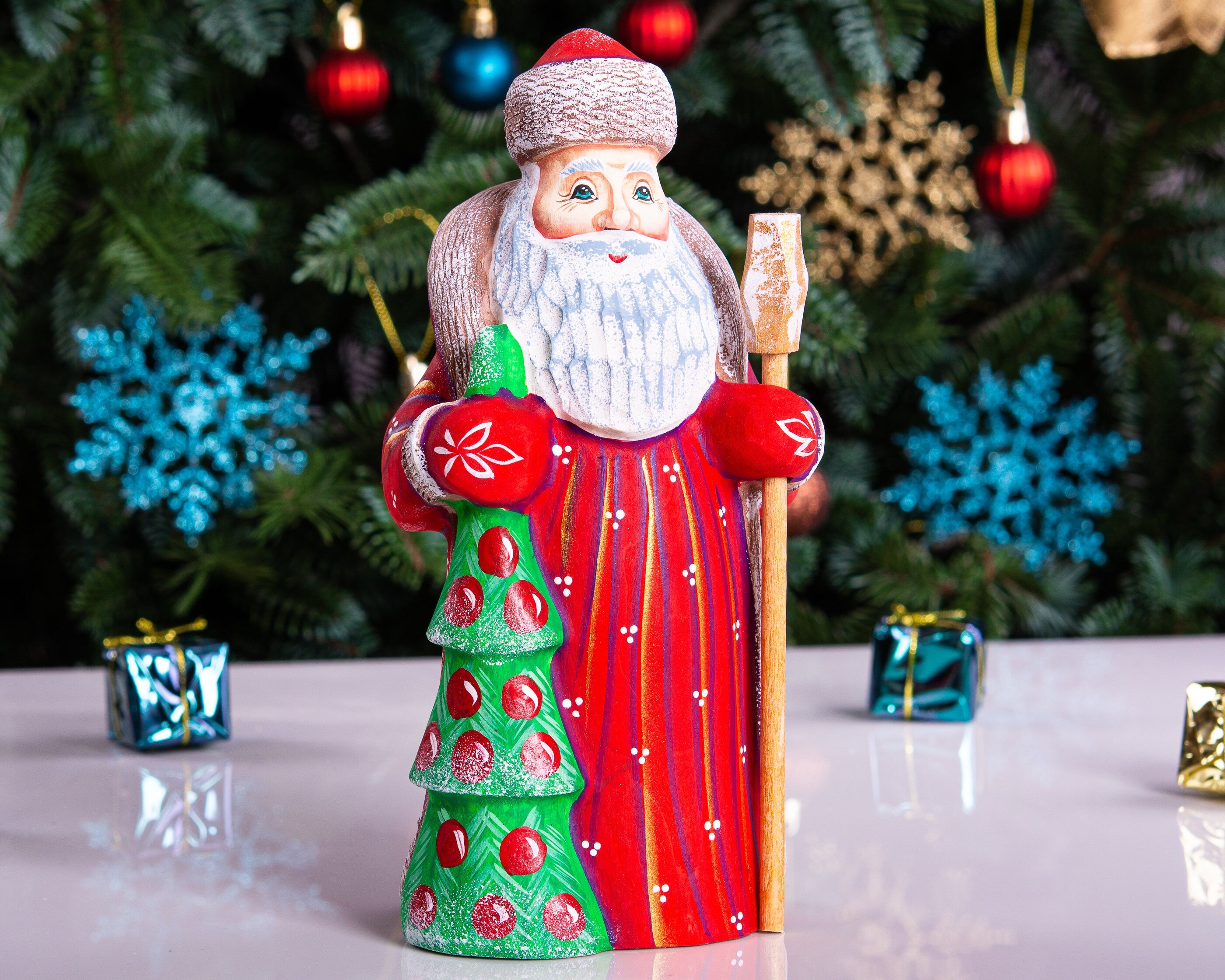 Hand carved wooden Santa figurine 8 inch, holding Christmas tree, holiday shelf decor