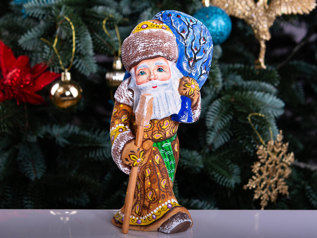 Hand Carved Santa Figurine 8 inch: Rustic Wood Christmas Decor, Forest Scene