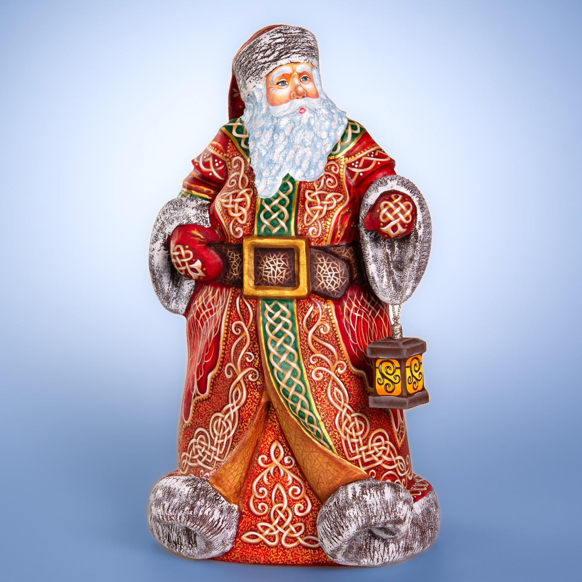 Hand carved wooden Santa figurine 14 inch, Celtic knot pattern, lantern display