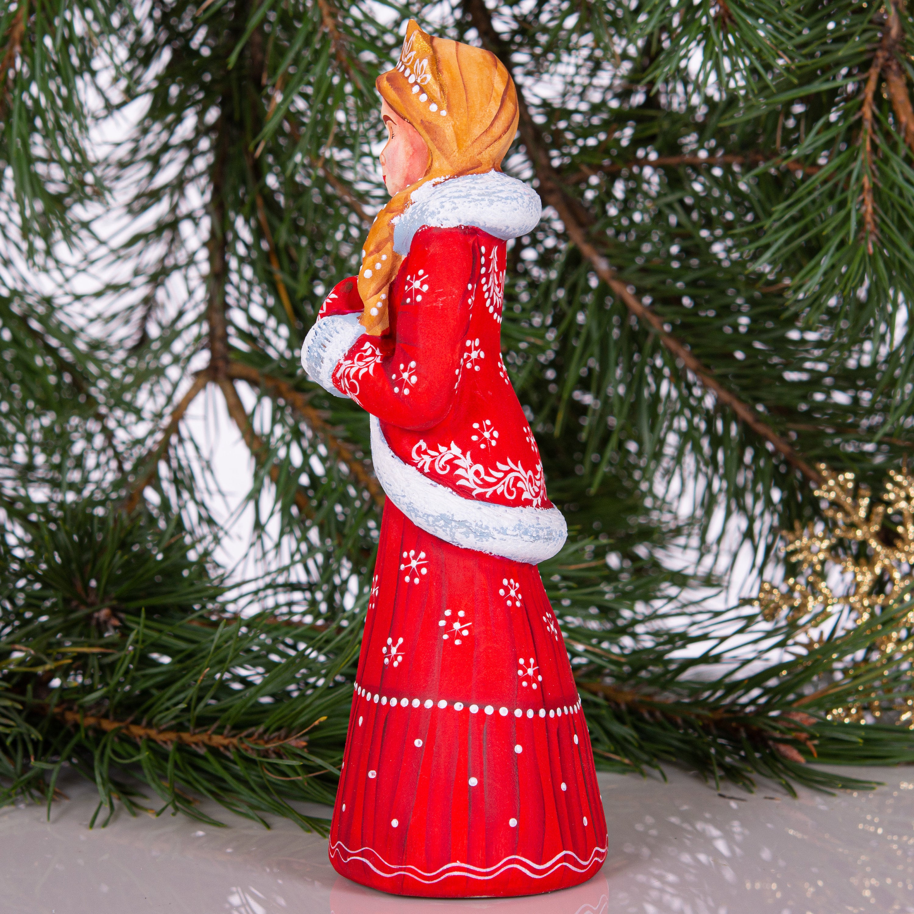 Hand Carved Snow Maiden Figurine: Red Coat Slavic Christmas Decor