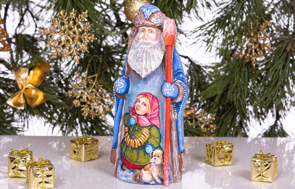 Father Christmas wooden figurine 9 inch, blue Santa, village child and dog, mantel display