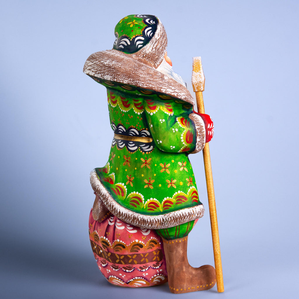 Santa Claus wood carving with staff, gift sack pedestal, 9.4 inch