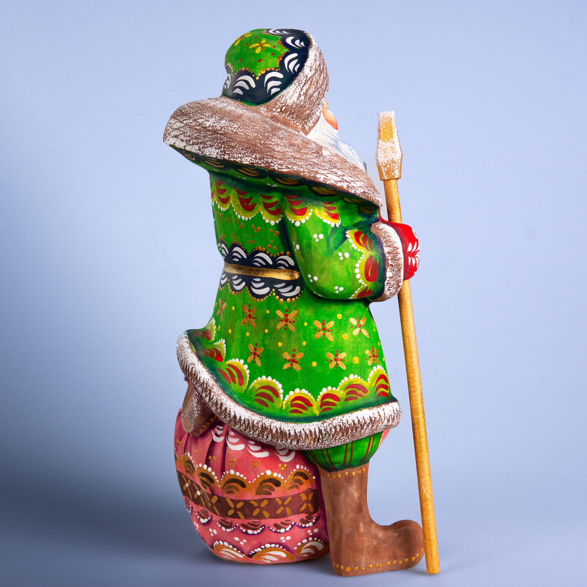 Santa Claus wood carving with staff, gift sack pedestal, 9.4 inch