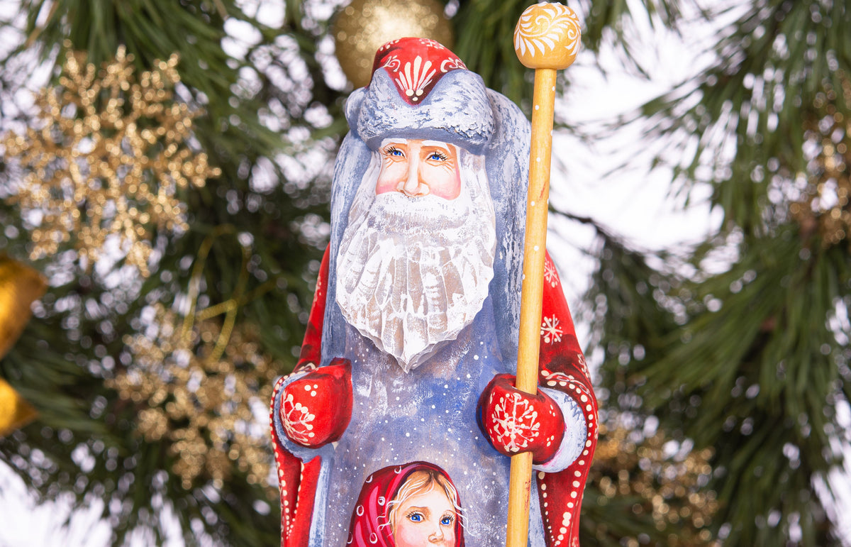 Old-World Santa Claus figurine 9 inch hand carved wood, cozy child artwork, mantel centerpiece