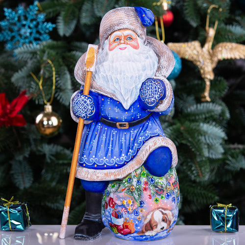 Blue Santa wooden figurine 9.5 inch, hand carved Christmas mantel display decor