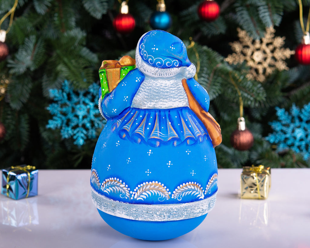 Hand carved blue Santa wooden figurine 7 inch, gift boxes, Christmas mantel decor