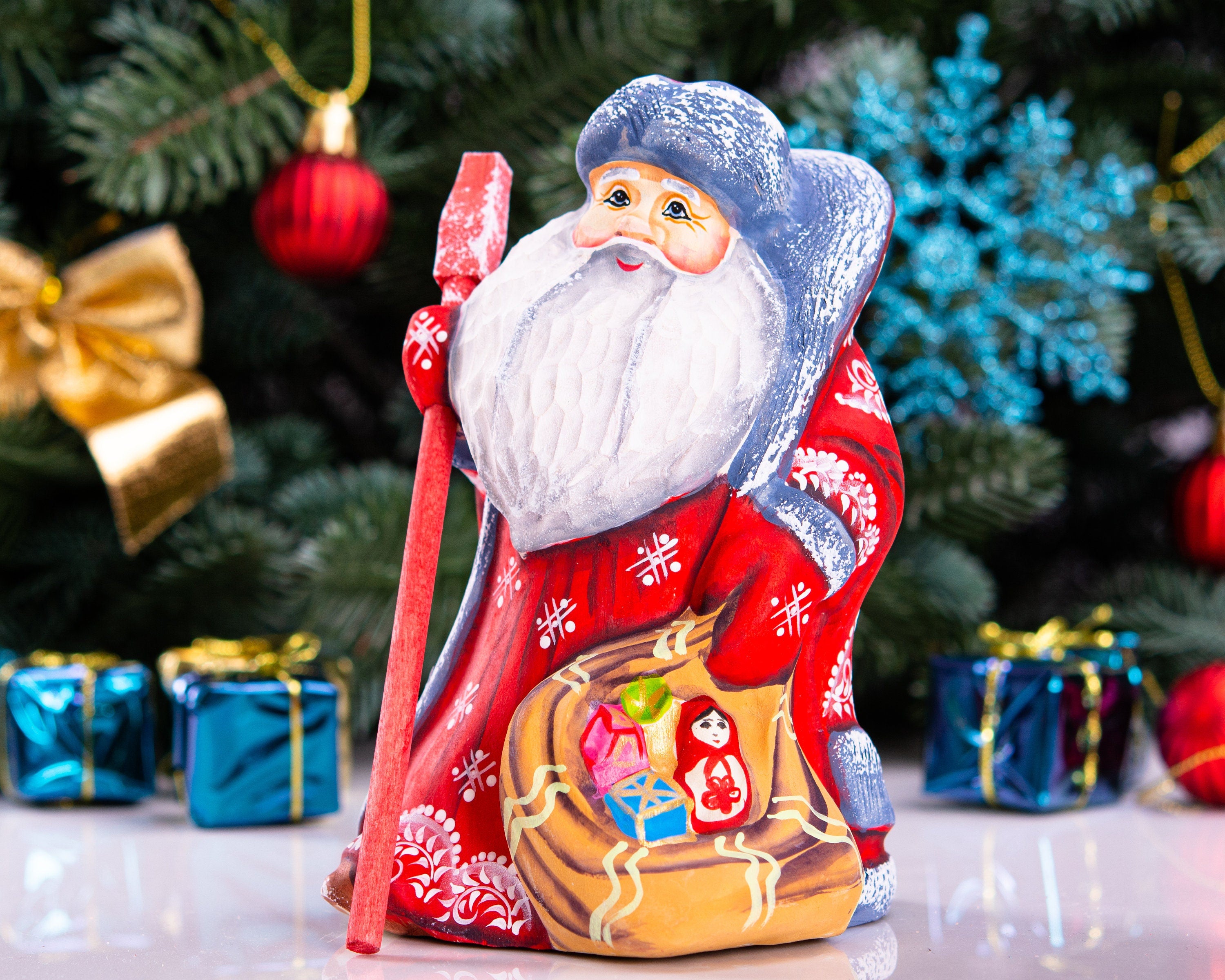 Hand carved Santa wood figurine 5.5 inch, stocking stuffer size, Christmas home decor