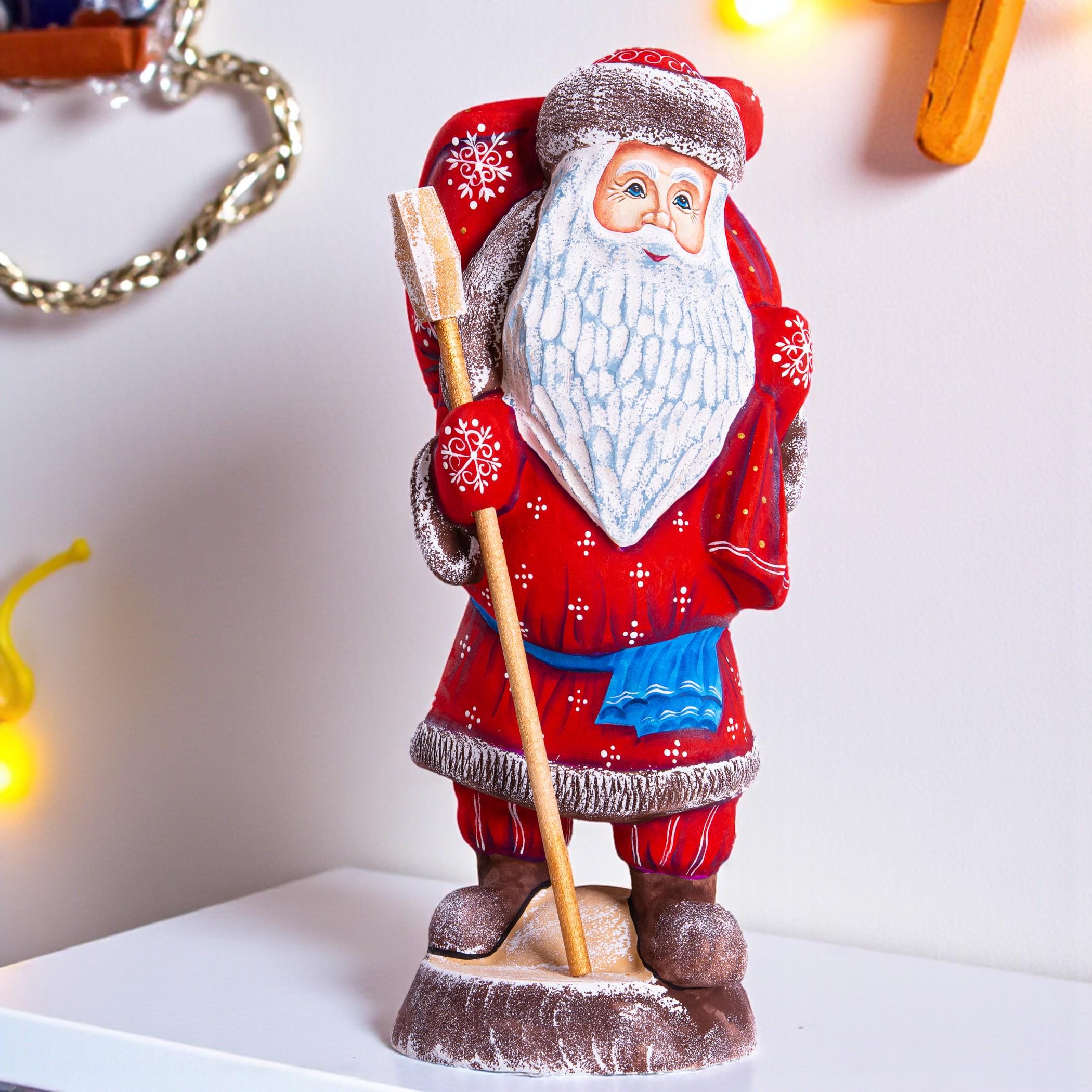 Hand carved Santa wooden figurine 11 inch, toy sack, mantel decor