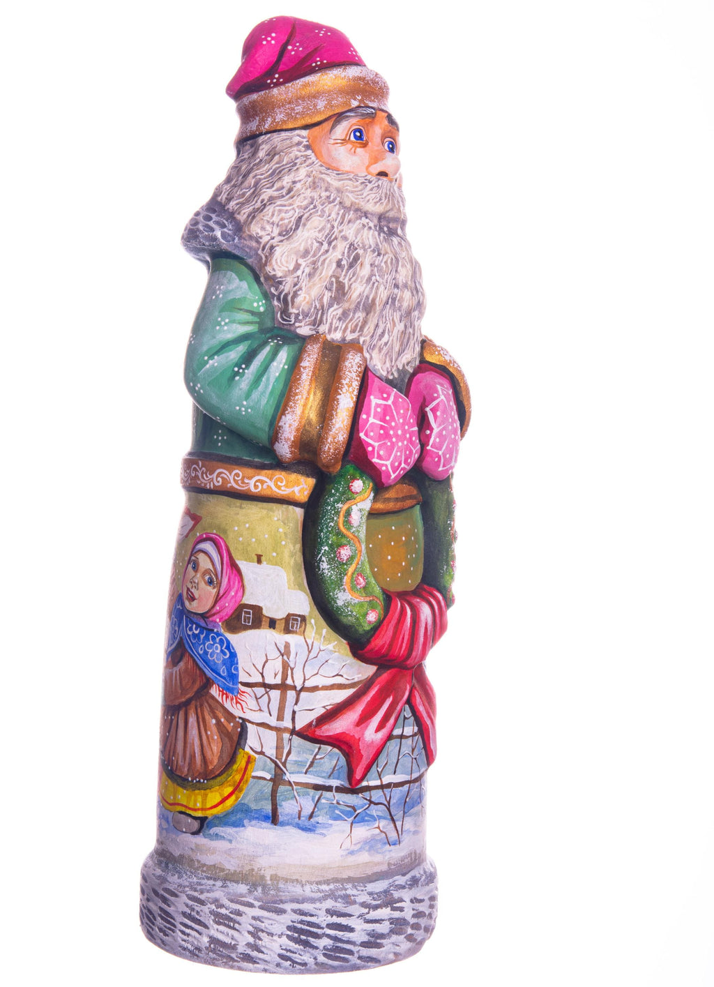 Hand carved green Santa wooden figurine 11 inch, children snowman scene
