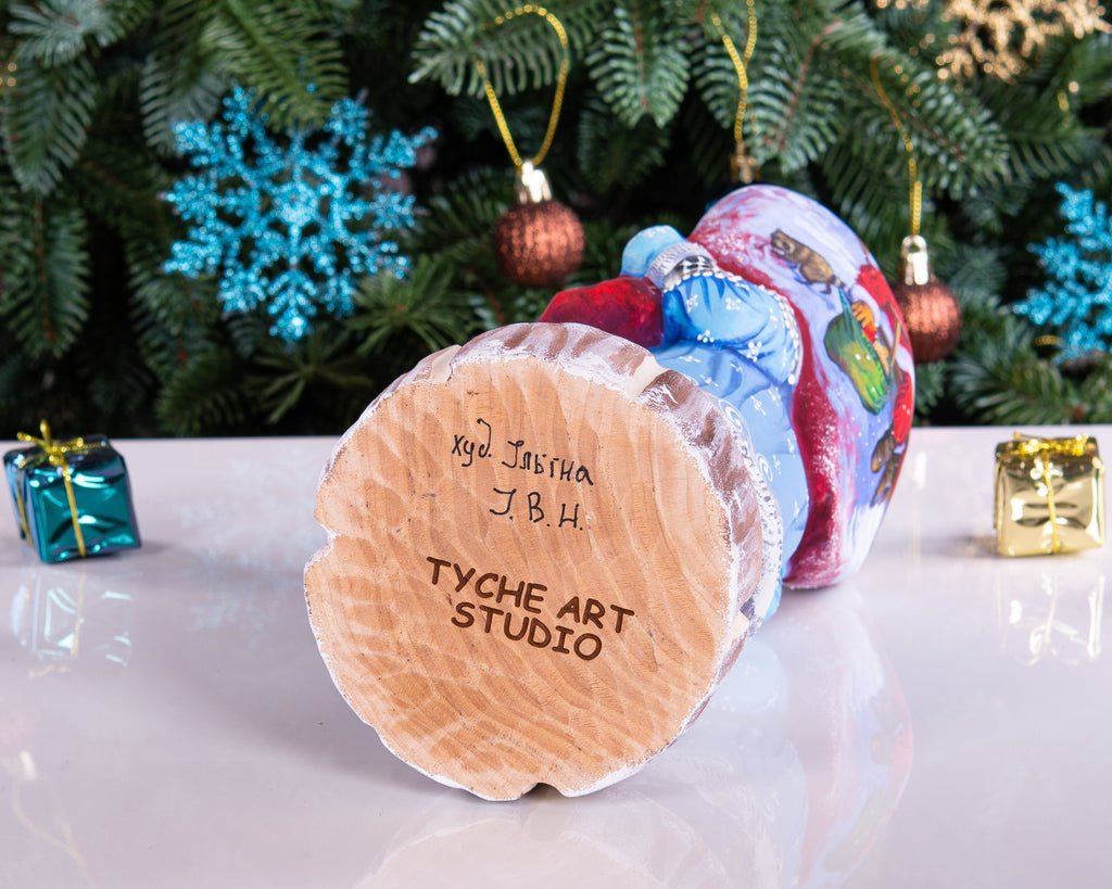 Hand carved Santa wooden statue 11 inch, Christmas scene on sack