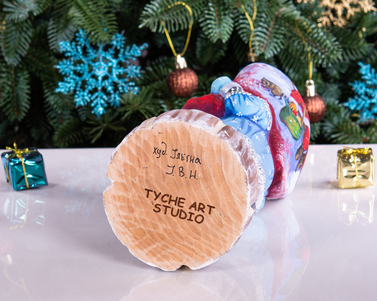 Hand carved Santa wooden statue 11 inch, Christmas scene on sack