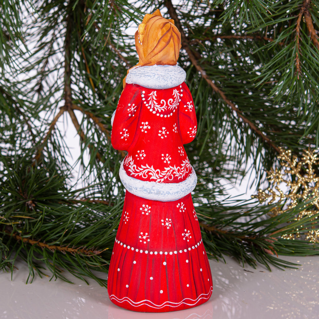 Hand Carved Snow Maiden Figurine: Red Coat Slavic Christmas Decor