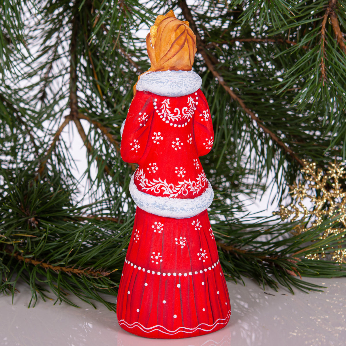 Hand Carved Snow Maiden Figurine: Red Coat Slavic Christmas Decor