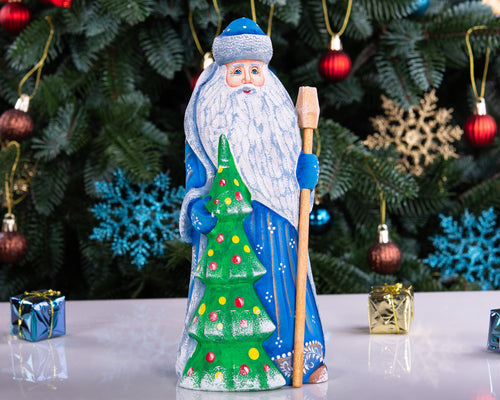 Carved wooden Santa figurine 9 inch, decorated tree, traditional Christmas gift mantel centerpiece