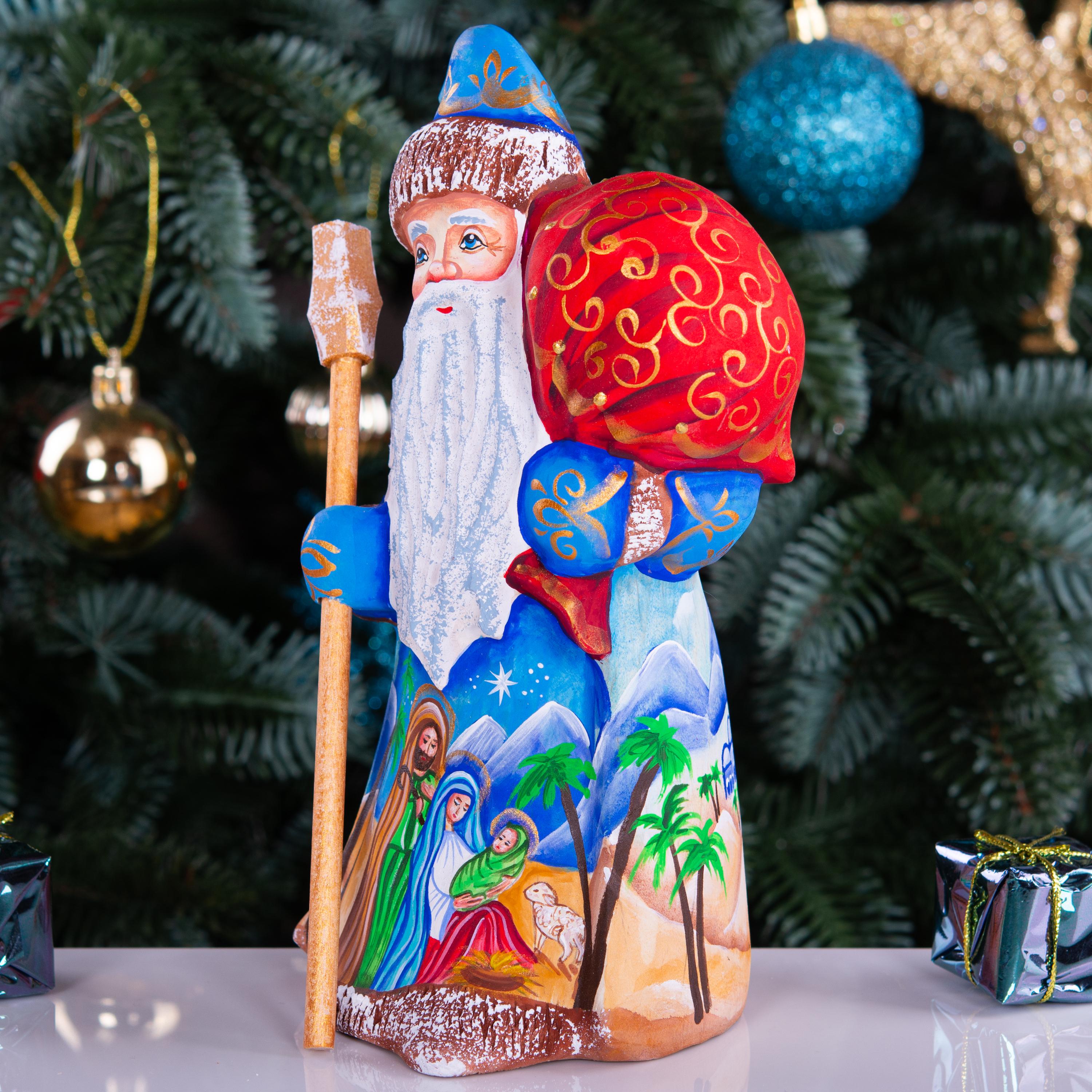 Wooden Santa Figurine 8", Nativity Panel, Hand Carved, Folk Art
