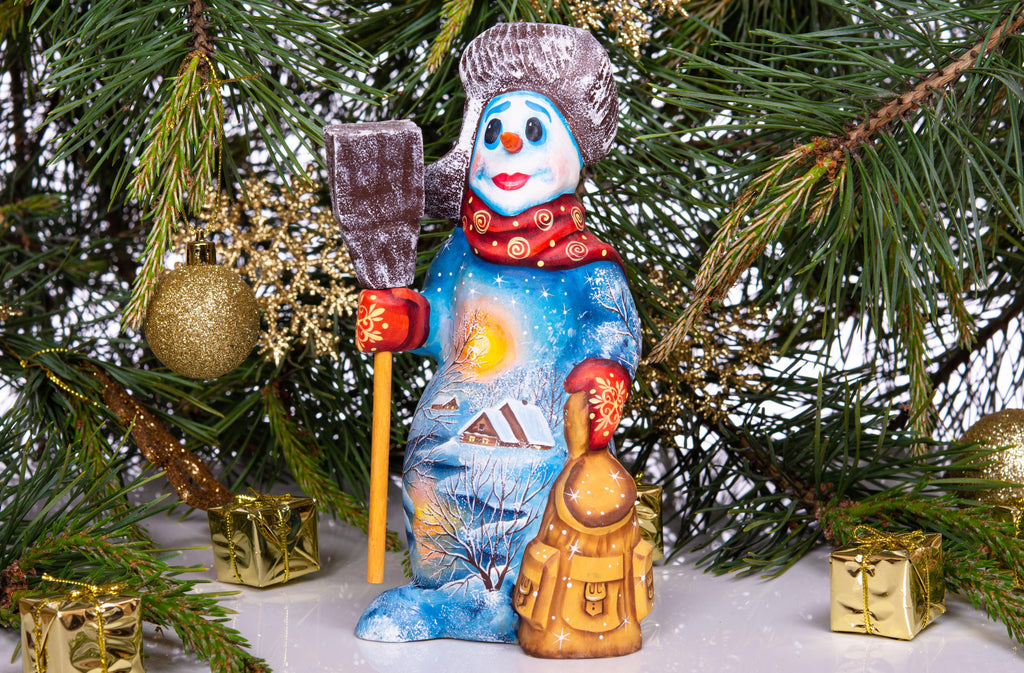 Snowman wooden statue 8 inch, holding broom, tabletop Christmas accent