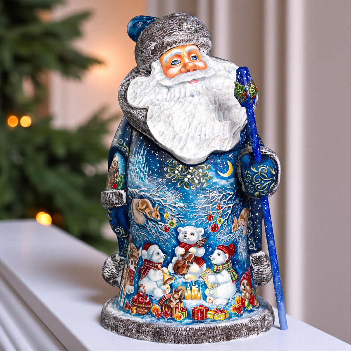 Collectible 14" Wooden Santa Figurine, Blue Coat & Woodland Animals – Holiday Decor