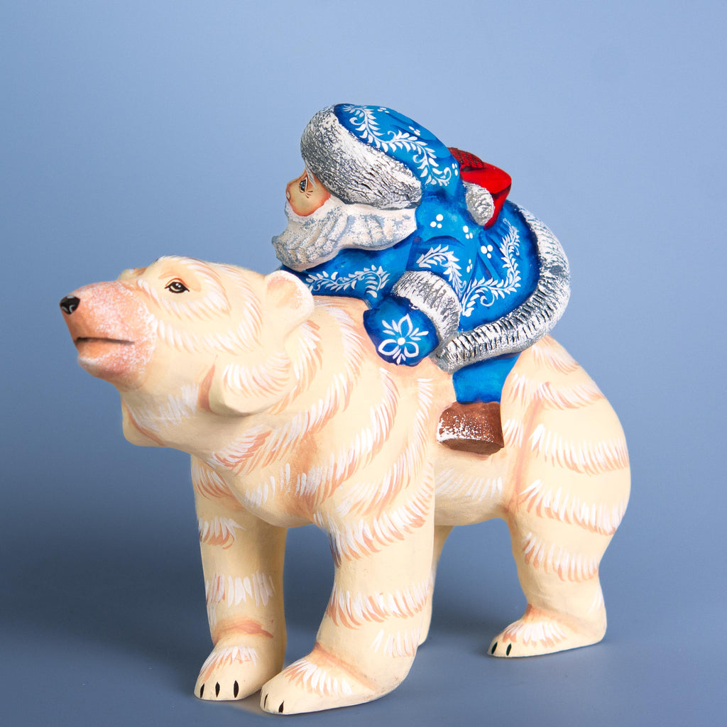 Old World Santa Riding Bear Figurine 9 inch Long, Hand Carved Wood