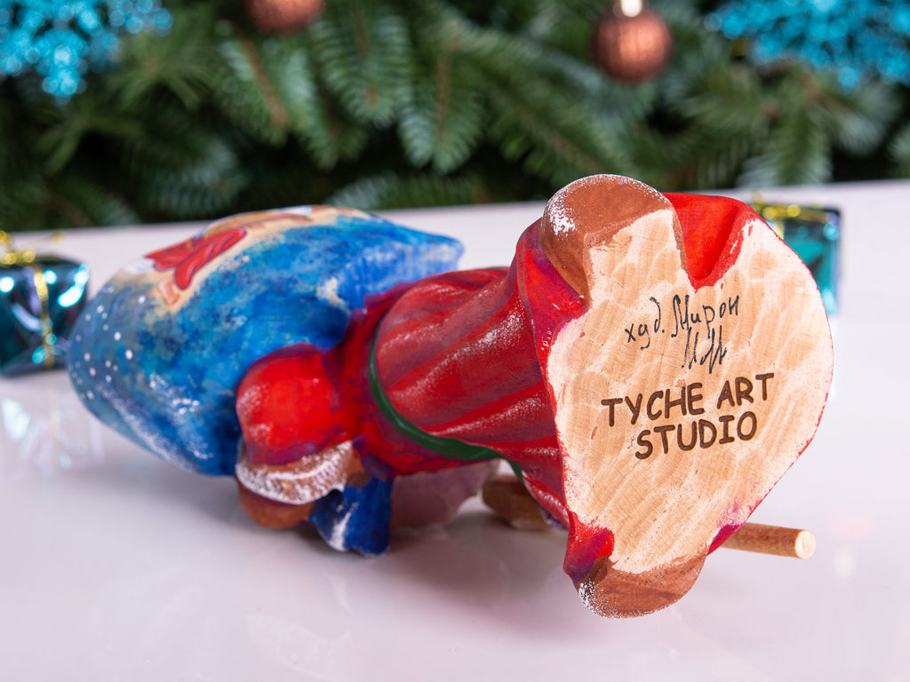 Hand carved Santa wood figurine 8 inch, Holy Family painting, tabletop Christmas decor