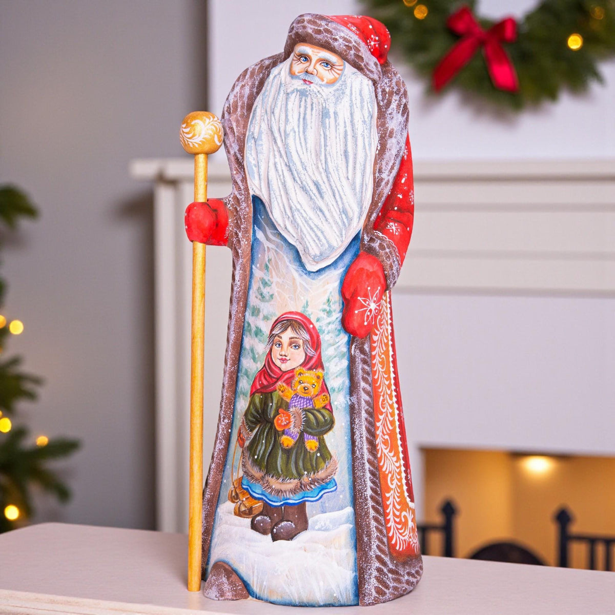 Hand painted Santa Claus wooden figurine 9 inch, vintage folk style, Christmas mantel centerpiece