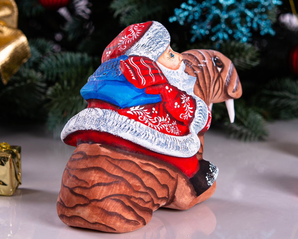 Hand Carved Wooden Santa Claus Figurine: Funny Walrus Christmas Decor