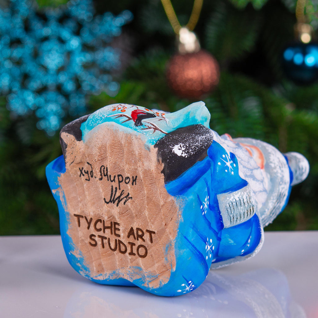 Hand carved blue Santa figurine 5 inch, winter birds scene decor