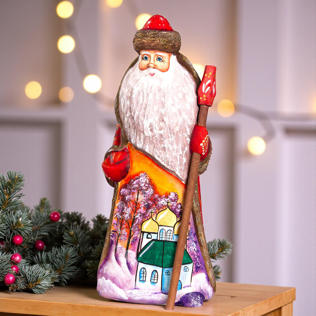 Hand Painted Santa Figurine: Carved Wood, Church Scene, Signed