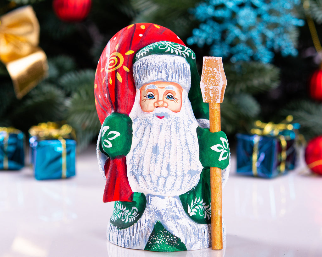 Hand carved green Santa wooden figurine 5 inch, folk art mantel decor