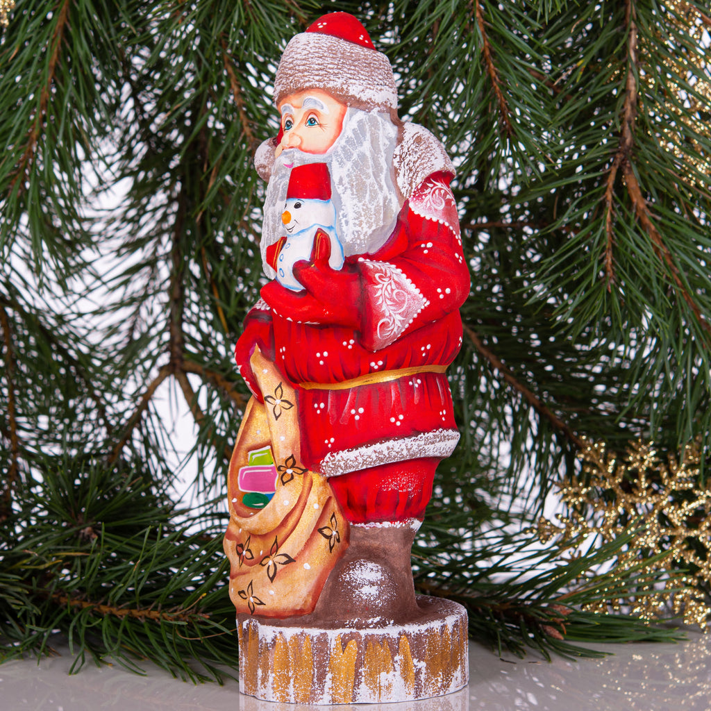 Hand carved Santa wood figurine 10 inch, snowman toy, gift sack, Christmas mantel decor