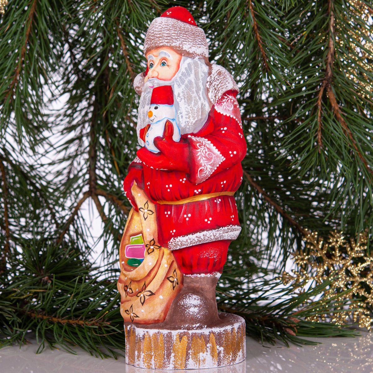 Hand carved Santa wood figurine 10 inch, snowman toy, gift sack, Christmas mantel decor