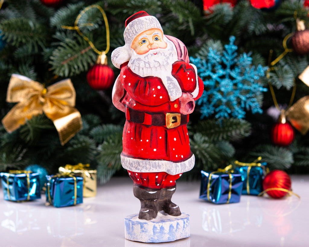 Santa Statue 7.1″, Hand‑Carved Wood, Shoulder Toy Sack