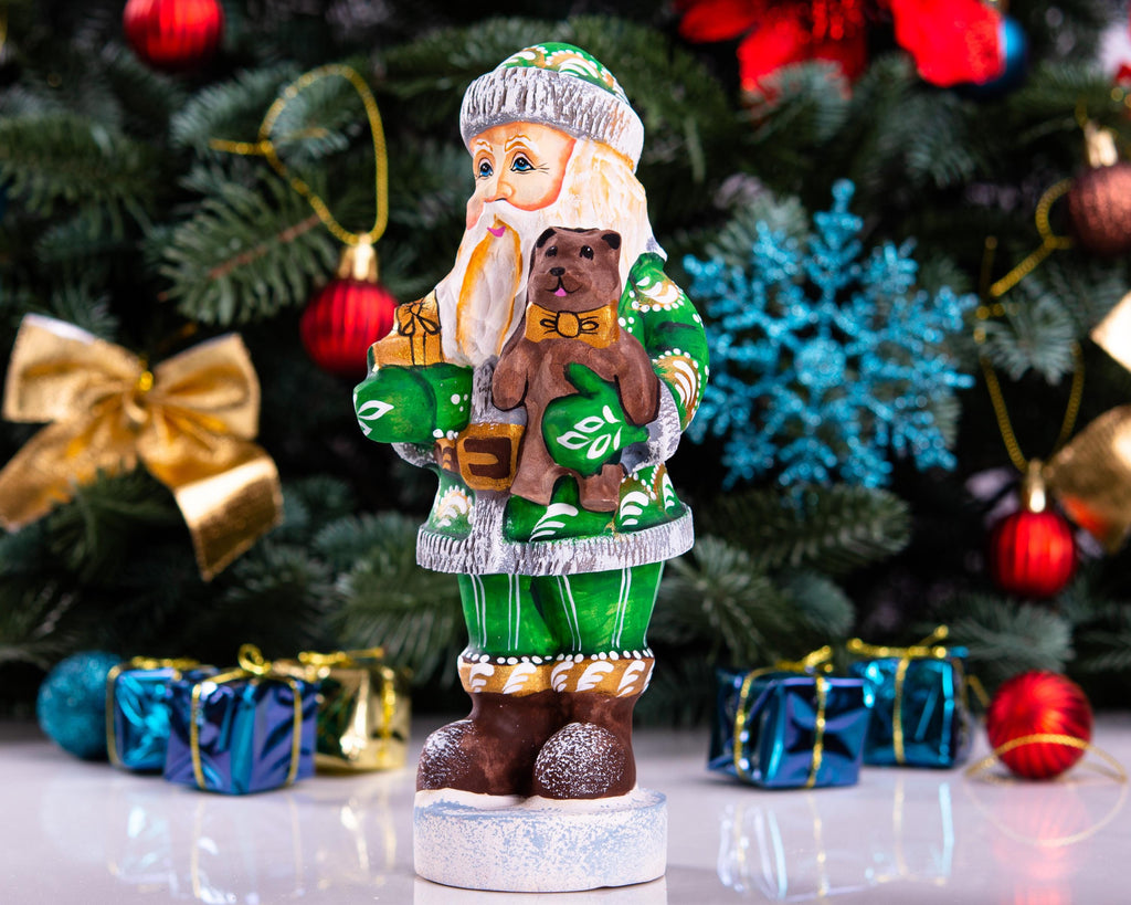 Hand carved wooden Santa figurine 7 inch, teddy bear gift, farmhouse mantel decor
