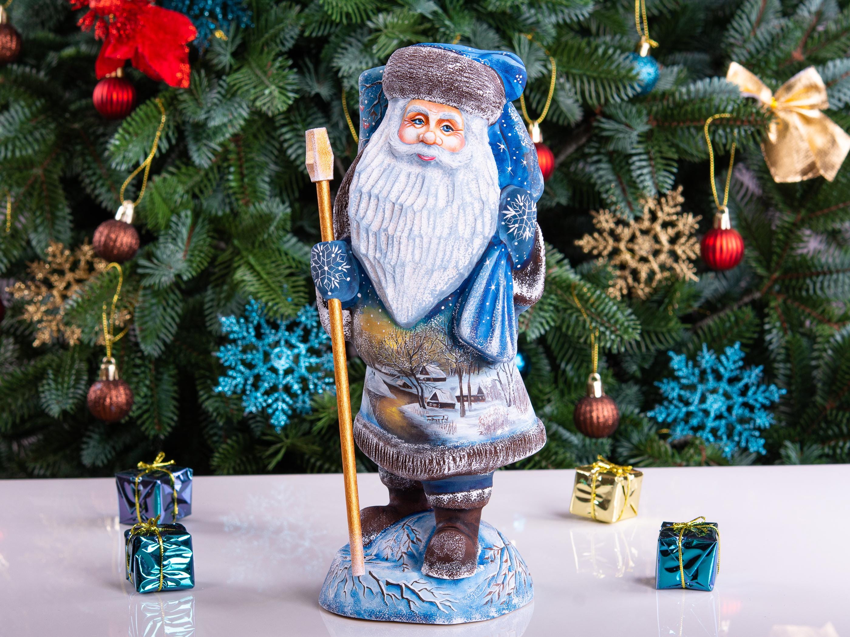 Hand carved Old-World Santa wooden figurine 11 inch, winter village landscape, mantel decor